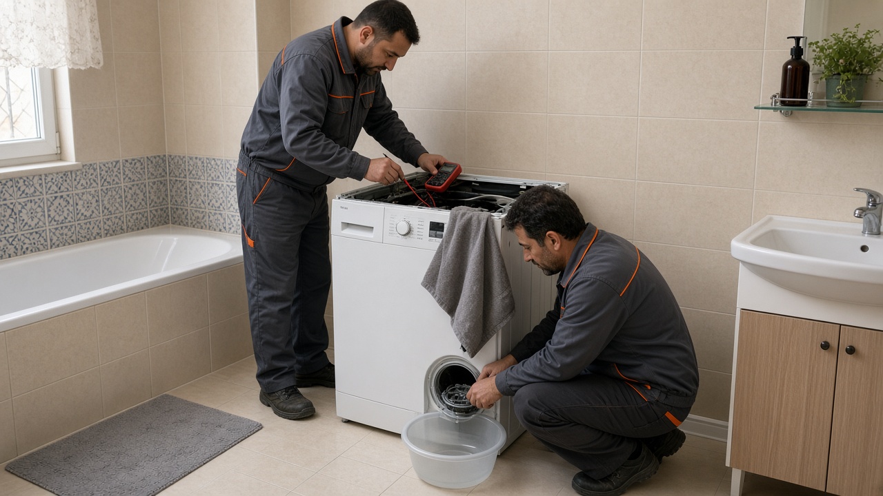 Tambur Servis ustaları bir çamaşır makinesinin ön panelini sökmüş arıza ararken